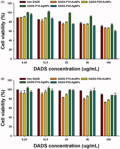 Figure 13. Cytotoxicity assessment of PEGylated and DADS-loaded AuNPs and AgNPs against HT-29 and PANC-1 cell lines: DADS-P10-AuNPs, DADS-P20-AuNPs, DADS-P10-AgNPs and DADS-P20-AgNPs. (A) PANC-1 and (B) HT-29 cell lines.