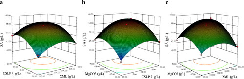 Figure 2. Response surface curves of succinic acid production by A. succinogenes GXAS137 showing interaction between XML and CSLP (a), CSLP and MgCO3 (b), XML and MgCO3 (c). XML: xylose mother liquor; CSLP: corn steep liquor powder.