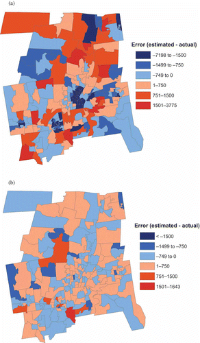 Figure 7. Spatial distribution of error by pseudo-tract for the 160 GWR2 PTRC model (a) before scaling, (b) after scaling.