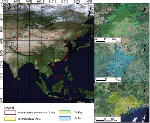 Figure 1. Geographic location of Beijing, Wuhan, and the Pearl River Delta in 2000.