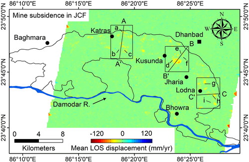 Figure 8. SBAS-InSAR-derived mean annual LOS displacement (mm/yr) derived for each deformation cluster. Note the point a, b, c…i, which marks the geographic locales of the active mine bench and overburden dump where maximum deformation trend has observed in selected test sites.