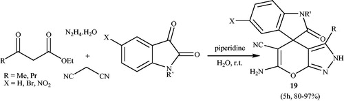 Scheme 29. Piperidine catalyzed synthesis of spiro[indoline-3,4'-pyrano[2,3-c]pyrazole]-5'-carbonitriles.