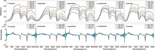 Figure 2. Variations in reflectance and first-derivative reflectance for litter leaves of different plant species attributed to progressive dehydration within 36 hours.