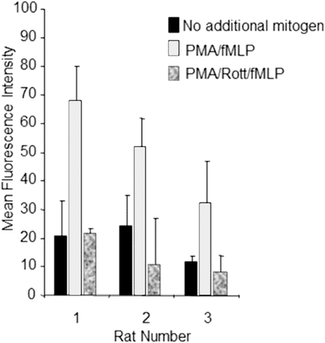 Figure 1.  Plate-based phagocytosis method test results. Adherent cells from rat alveolar lavage fluid (n = 3, x-axis) were treated with HBSS alone; 12.5 ng/mL PMA and 5 nM fMLP; or PMA, fMLP, and 10 µM rottlerin upon addition of fluoroscein labeled E. coli. Results are expressed as mean fluorescence intensity (y-axis). Error bars represent the standard deviation of triplicate wells. Rottlerin is abbreviated to Rott in the graph legend.