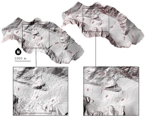 FIGURE 4. 1985 (left) and 2014 (right) DEMs with 25 m contour lines as well as the respective glacier outlines. Magnified sections of the DEMs are shown to highlight the difference in resolution and accuracy between the two models.