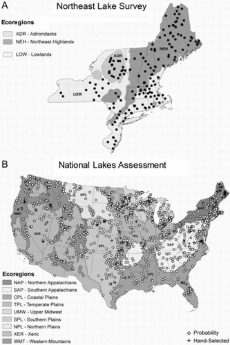 Figure 1 (A) EMAP Northeastern Lake Survey 1992–1994 sample lakes. In the text we refer to the combination of Omernik's (Citation1987) N.E. Highlands and Adirondacks Ecoregions as the NE Highlands. (B) National Lakes Assessment 2007 sample lakes. Three major regions are aggregated as the Eastern Highlands (NAP+SAP), the Plains and Lowlands (CPL+TPL+UMW+SPL+NPL), and the West (XER+WMT).