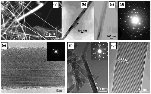 Figure 4. Crystalline boron nanowires. Synthesized by CVD method: (a) SEM image of B nanowires, (b), (c) TEM images, and (d) electron-diffraction pattern of nanowire in (c). Reprinted with permission from Ref [Citation112]. Copyright 2002 American Chemical Society. (e) High-resolution TEM image and its corresponding SAED. Reprinted from Ref. [Citation114]. Copyright 2004 with permission from Elsevier. (f) TEM image of dispersive boron nanowires. The upper right inset is the corresponding SAED pattern of the arrowed boron nanowire. (g) High-resolution TEM image of the arrowed boron nanowire, revealing its single-crystal structure. Reprinted from Ref. [Citation115]. Copyright 2004 with permission from Elsevier.