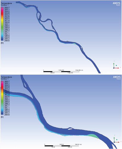 Figure 26. Distribution of heated water at discharge rate 8 m/s from the water discharge channel (scenario 3).