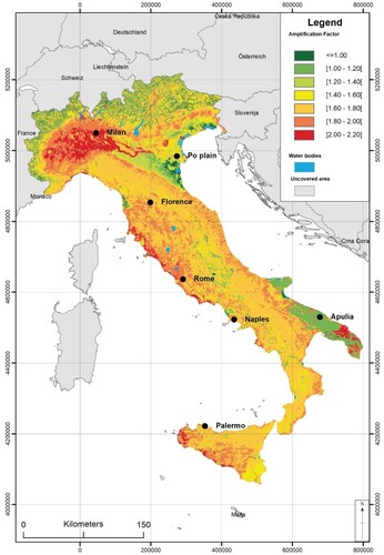 Figure 2. Italian map of AFPGA (50° percentile). Po plain and Apulia, discussed in the text, are shown in the figure.