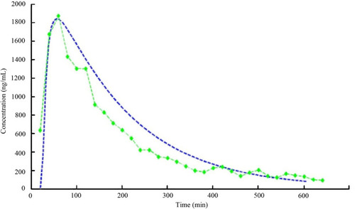 Figure 7 The comparison between the experimental data obtained by skin pharmacokinetics and FEA simulation results. The green dotted line stands for the experimental results, while the blue dotted line refers to the numerical simulation results.