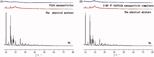 Figure 5. X-ray diffraction pattern of PLGA nanoparticles and 2-HP-β-CD/PLGA nanoparticle complexes (A: Drug-loaded PLGA nanoparticles; B: Drug-loaded 2-HP-β-CD/PLGA nanoparticle complexes).