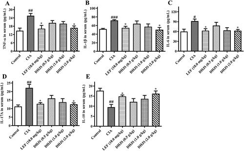 Figure 8. Effects of DHJS on serum inflammatory cytokines in CIA rats. (A) The serum level of IL-6. (B) The serum level of IL-1β. (C) The serum level of TNF-α. (D) The serum level of IL-17A. (E) The serum level of IL-10. Data were presented as means ± SE (n = 6), ##p < 0.01 and ###p < 0.001, vs. control group, *p < 0.05 and **p < 0.01 vs. CIA group.