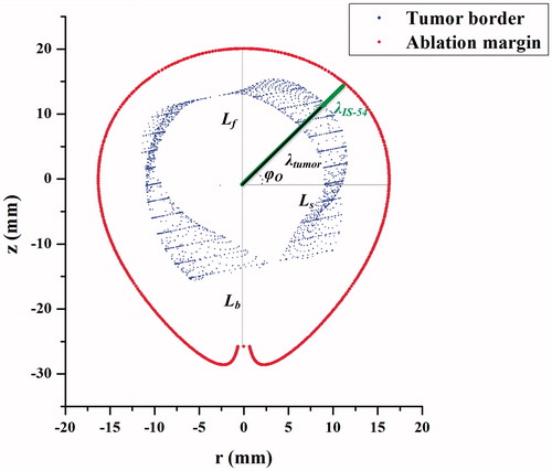 Figure 4. Conformal coverage illustration of liver tumor by IS-54. The blue dots indicate the mesh nodes of the tumor surface. Lf is the forward long-axis length, Lb is the backward long-axis length, Ls is the short-axis radius, φO is the offset polar-angle, λIS−54 represents the polar radius of IS-54, and λtumor represents the polar radius of the tumor surface model. The origin is set at the MW emission point.