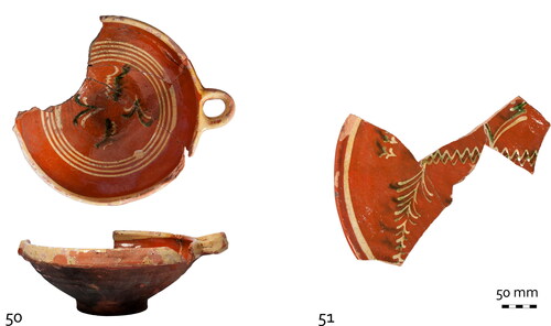 FIG. 15 Red earthenware from Ochtrup, Germany. A bowl (50. WLO-155-229) from the land reclamation dumps of Vlooienburg (1595-1597/1601), and a dish from a mid17th-century land reclamation in the Uilenburgergracht (51. VAL4-149#084) (photographs, Ron Tousain, Monuments and Archaeology, City of Amsterdam). 