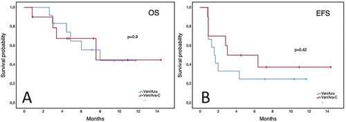 Figure 2. Outcomes of patients with relapsed/refractory AML treated with venetoclax-based combinations. Panel A: Overall survival. Panel B: Event-free survival.