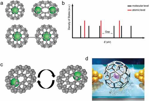 Figure 1. The characteristics of atom electronics in SMTs. (a) Structure graphs of A@M molecule, whose structure is like an egg. (b, c) Two characteristics of the realization of atom electronics in SMTs. The first is that the energy levels of a specific atom can be accessed among a range of molecular energy levels. The second is that the position of a specific atom can be manipulated in a molecule. (d) A SMT structure that could detect electronic signals induced by specific atoms with a high electrical controllability.