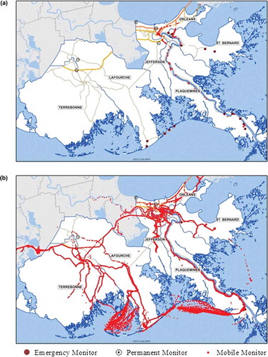 Figure 1. (a) EPA permanent and emergency monitoring sites and mobile monitoring routes. (b) BP mobile monitoring routes. Data by EPA and BP. Samples and readings taken over water by boat were not included in the analysis.