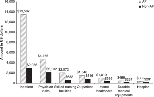 Figure 1.  Cost components for 1 year following index event for the cohorts with and without atrial fibrillation AF.*