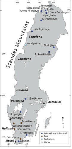 Figure 4. Sites and provinces in Sweden mentioned in the text, but not shown in Figs. 2 or 3.