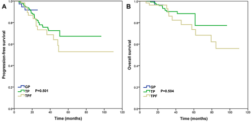 Figure 3  Progression-free survival (A) and overall survival (B) curves for patients receiving different induction chemotherapy regimens.