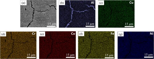 Figure 10. The SEM image and EDS elemental maps showing the liquation cracks of Al0.8CoCrCuFeNi HEA fabricated with 167 J/mm3.