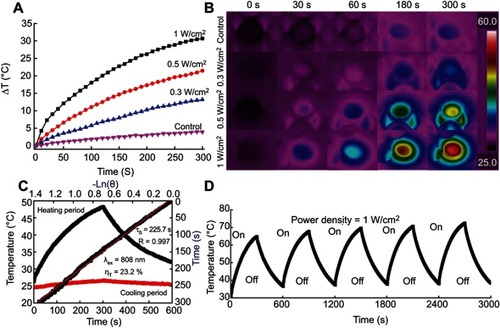 Figure 3 In vitro photothermal performance of nanofibers. (A) Power density-related temperature changes (△T) of CP/MoS2 nanofibers during 300 s of irradiation by 808 nm near-infrared laser. (B) Thermal images of CP/MoS2 nanofibrous mat at different time points corresponding to (A). (C) Steady state heating curve and heat transfer time constant of CP/MoS2 nanofibers (power density 1 W/cm2, 5 min; R=0.997, τs=225.7 s). (D) 808 nm laser-induced recycling photothermal ability of CP/MoS2 nanofibers.Abbreviation: CP, chitosan/polyvinyl alcohol.
