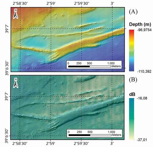 Figure 6. (a) Detailed 1-meter resolution multibeam shaded relief bathymetry (hillshade 6x vertical exaggeration) in the Cabrera southeast continental shelf. Colour scheme range for depth values is in meters, from red (lowest) to blue (highest). (b) Backscatter (300 KHz) intensity in the Cabrera southeast continental shelf. Yellow zones indicate a strong backscatter signal and green zones indicate weaker backscatter signals. Backscatter intensity is in decibels