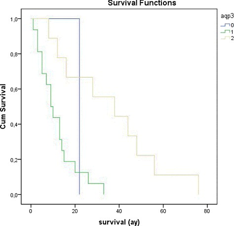 Figure 5. The relationship between AQP3 expression and survival time.