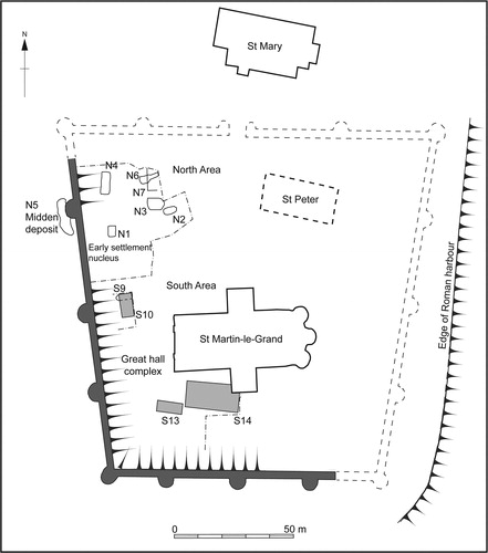 fig 7 Plan of excavated Anglo-Saxon features within the late Roman-period fort at Dover. Redrawn from Philp Citation2003, fig 1, with additions by author.