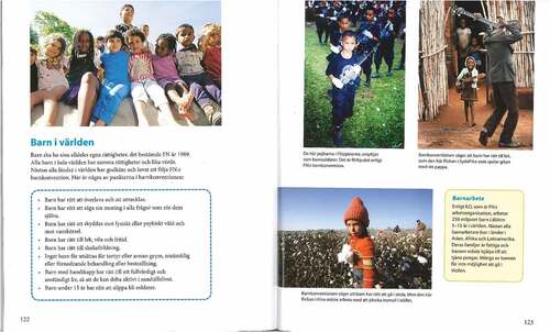 Figure 3. Textbook spread from Puls Samhällskunskap about rights and living conditions of children in different parts of the world (Stålnacke, Citation2012, pp. 118–119).