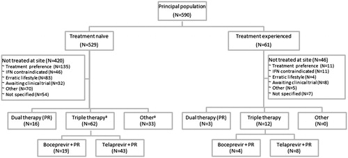 Figure 3. Treatment algorithm. PR, pegylated interferon + ribavirin. (a) N denotes number of courses. Two patients received two courses each at the liver clinic: one received telaprevir + PR and investigational treatment, and one received two different investigational courses of treatment. Notes: Except where indicated by ‘a’, N denotes the numbers of patients.