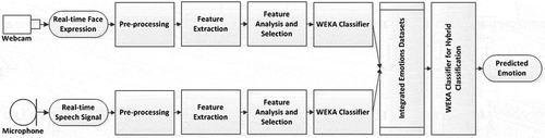 FIG. 2. The hybrid method for data fusion of the combined data sources for face emotion recognition and for voice emotion recognition software modules.