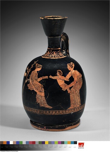 Figure 3. Athenian red-figure squat lekythos, showing a woman passing an infant to a seated woman. Museum of Fine Arts, Boston 95.50. Photograph © 2023 Museum of Fine Arts, Boston.