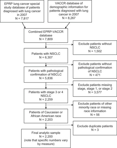 Figure 1 Lung cancer cohort assembly.Abbreviations: EPRP, External Peer Review Program; N, number; VACCR, Veterans Affairs Central Cancer Registry; NSCLC, non-small cell lung cancer.