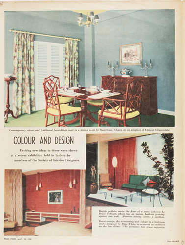 Figure 5. Exhibition rooms by the Society of Interior Designers document the range of styles considered “contemporary” by both professional decorators and the popular magazines that published their work. Sun Herald Colour Supplement, 1955.