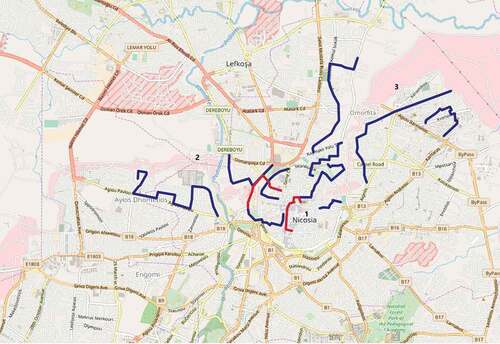 Figure 2. Map with dominant routes of “walk and talk” interviews in 2014/2015 (dotted lines indicating cross-border walks; the numbers refer to the pictures’ respective location).