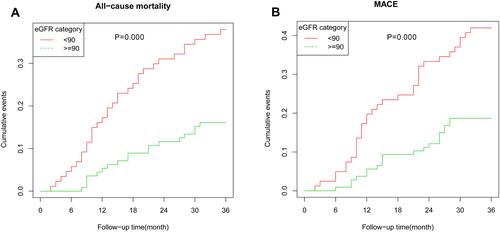 Figure 1 Kaplan-Meier curves of the cumulative incidence of all-cause mortality (A) and MACE (B) stratified by eGFR groups.