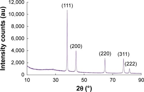 Figure 4 XRD spectra of gold nanoparticles.Abbreviation: XRD, X-ray powder diffraction.