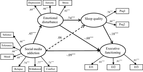 Figure 1 The SEM regarding the mediation effects of emotional disturbance and sleep quality.