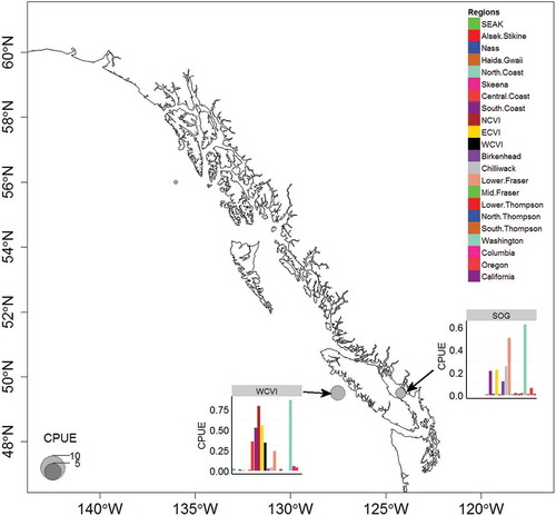 Figure 8. Stock-specific catch per unit effort during winter (December–March) of juvenile Coho Salmon in the Strait of Georgia and west coast of Vancouver Island sampling regions.