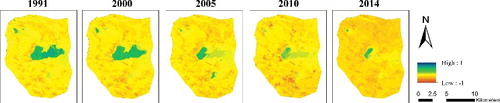 Figure 4. The normalized difference water index (NDWI) images based on Landsat images for 1991, 2000, 2005, 2010 and 2014. The colour scale ranges from −1 (brown) to 1 (blue). To view this figure in colour, see the online version of the journal.