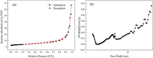 Figure 3. Isothermal adsorption and desorption curves for N2 at 77 K (a) and PSD of macropore and mesopore (b).