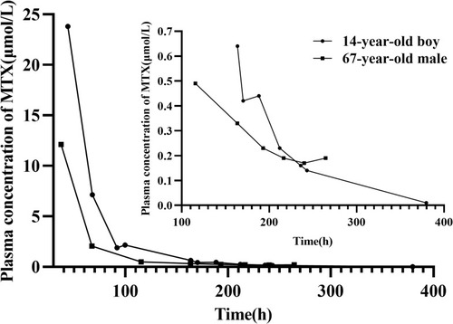 Figure 4 Plasma concentration–time profiles of MTX in two patients with delayed MTX elimination after MTX infusion. Inset: plasma concentrations below 1 μmol/L presentation.