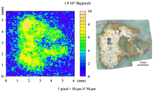 Figure 9. Image of the radioactivity (μBq/pixel) (left side) and a photograph (right side) of particle No. 8.