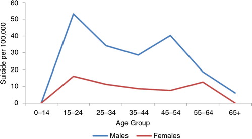 Fig. 7.  Age–sex distribution of suicide among Norwegian Sami. Source: Data from the northern Norwegian cohort from 1970 to 1998 reported by Silviken et al. (Citation10).