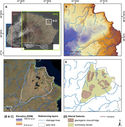 Figure 2. A comparison of the satellite imagery used in the mapping process: (A) the QuickBird (QB), WorldView 1 (WV1) and WorldView 2 (WV2) panchromatic and multispectral imagery. (B) The hillshade derived from the DSM was used to generate drainage lines (B & C) to which the satellite imagery was georeferenced. (C) The imagery, hillshade and DSM were used to identify glacial features within grey lava surfaces and to (D) map the glacial geomorphology of grey lava areas. This is an example of the hummocky terrain at Skua Ridge (refer to Figures 1 and 4).