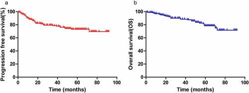 Figure 1. A, B, Progression-free survival (PFS) and overall survival (OS) for all patients (a, b)