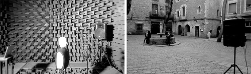 Figure 7. Reproduction-recording system in the anechoic chamber of the EPSG and in Plaça de Sant Felip Neri.