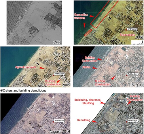 Figure 12. Landscape changes around Anthedon harbour between 1971 and 2021 (produced on ArcGIS Pro using purchased Corona Imagery and publicly available imagery from geomolg.ps).