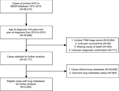 Figure 1 Flowchart of the enrolled patients in the study according to inclusion and exclusion criterion.Abbreviations: HCC, hepatocellular carcinoma; SEER, Surveillance, Epidemiology, and End Results.